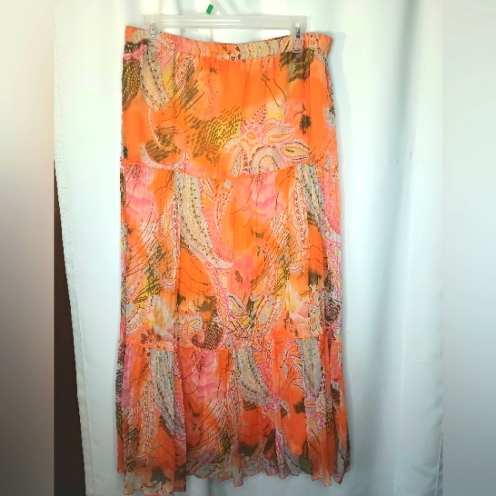 The Paragon Fairy Maxi Skirt Medium Orange Paisley Tiered Gypsy Hippie Boho